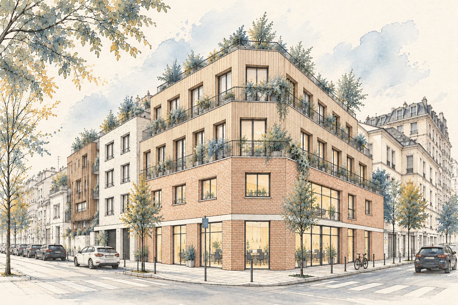 Aquarelle d'un immeuble d'angle : socle en brique, étages en bois, terrasses plantées et commerces en rez-de-chaussée